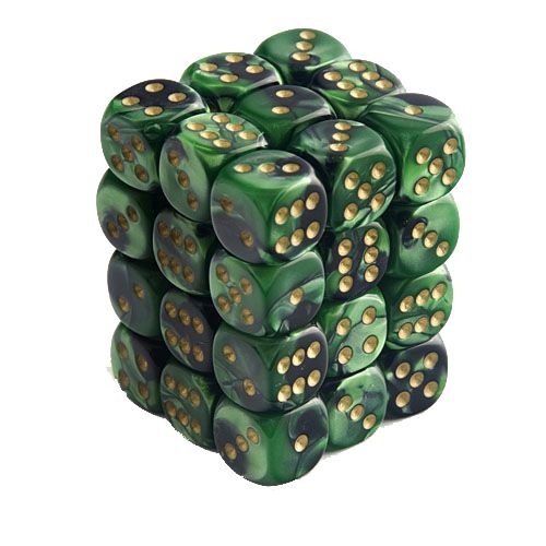 D6 - 36-pack 12mm Gemini Black-Green/Gold