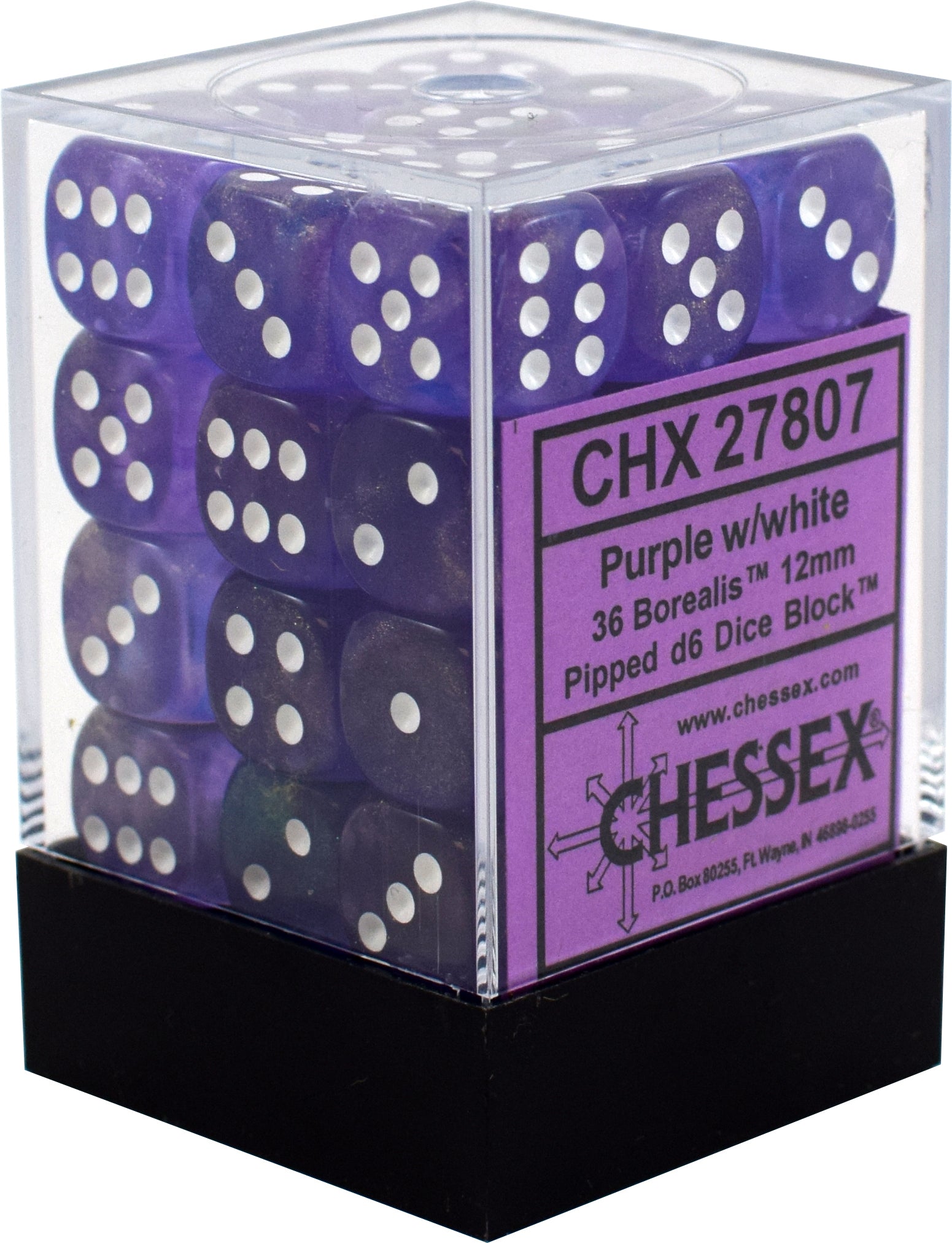 36d6 12mm Borealis Purple w/White Dice Set