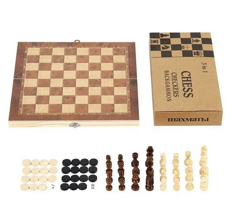 3-in-1 Chess/Checkers/Backgammon 17" Wooden Folding Board
